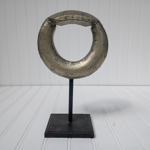 Metal Ring Sculpture on Cast Iron Stand Gilt Distressed Aluminum Wrapped Statue - Picture 9 of 10